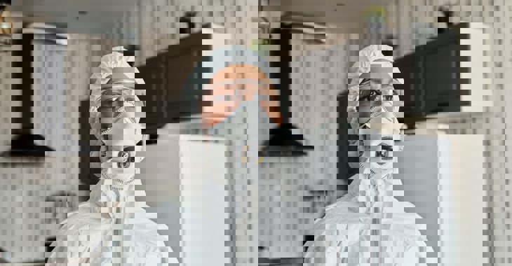 Woman in PPE including face mask, goggles, and overalls